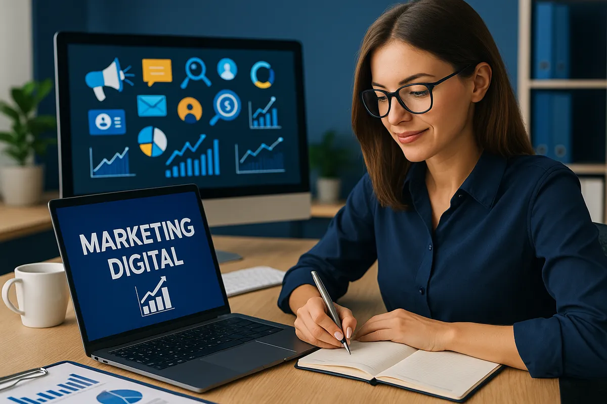 Profesional de marketing digital trabajando con paneles de datos