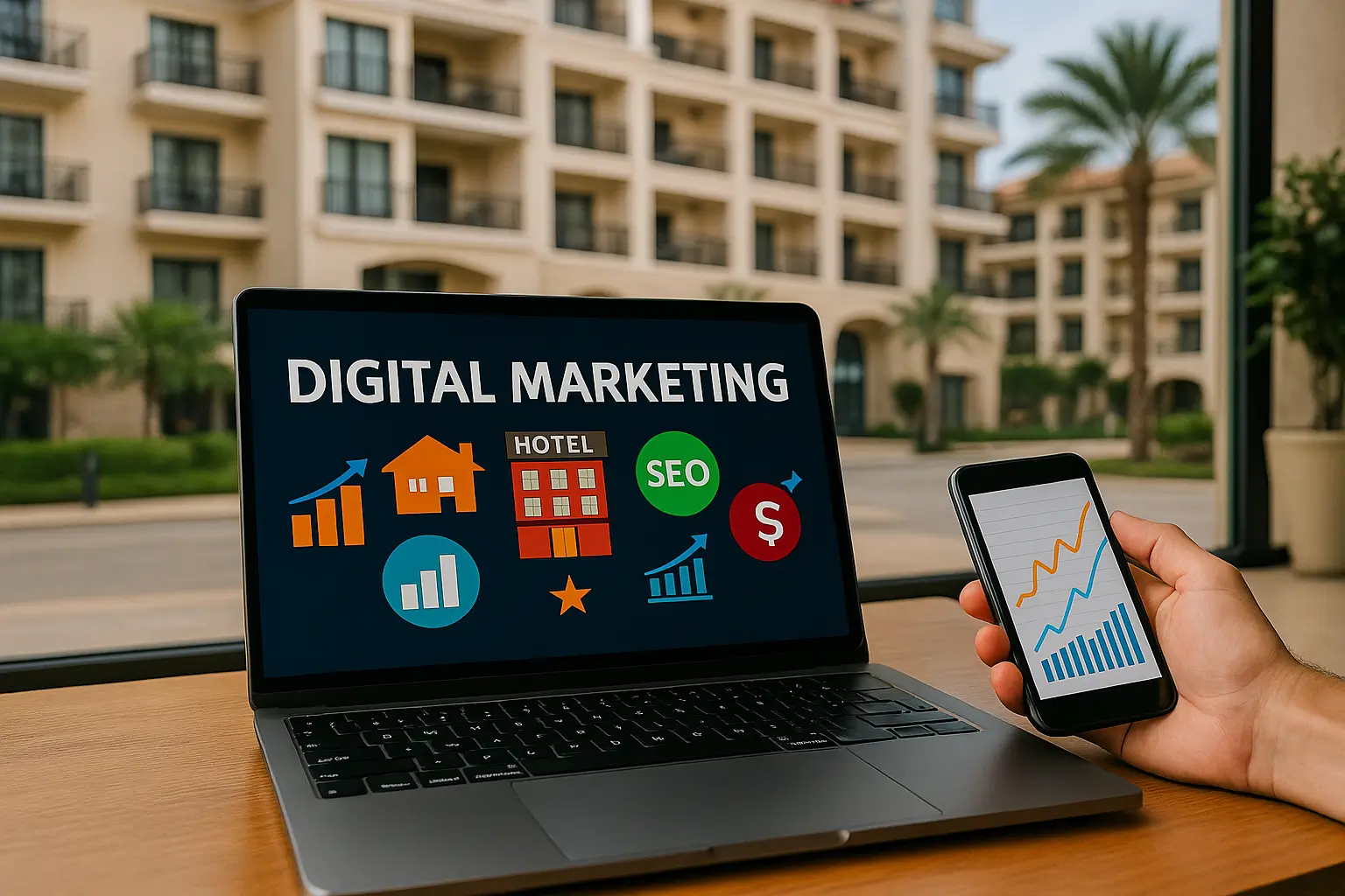 Profesional analizando métricas digitales y datos del embudo de ventas en ordenador y móvil