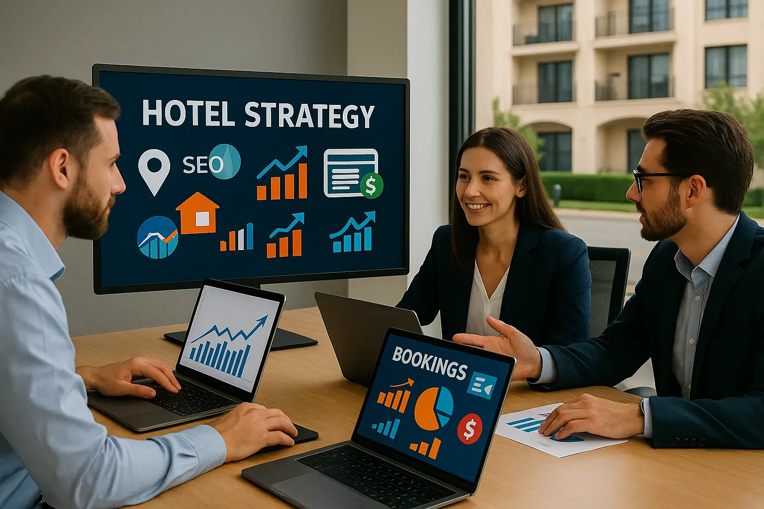 Equipo de marketing digital trabajando la estrategia online de un hotel