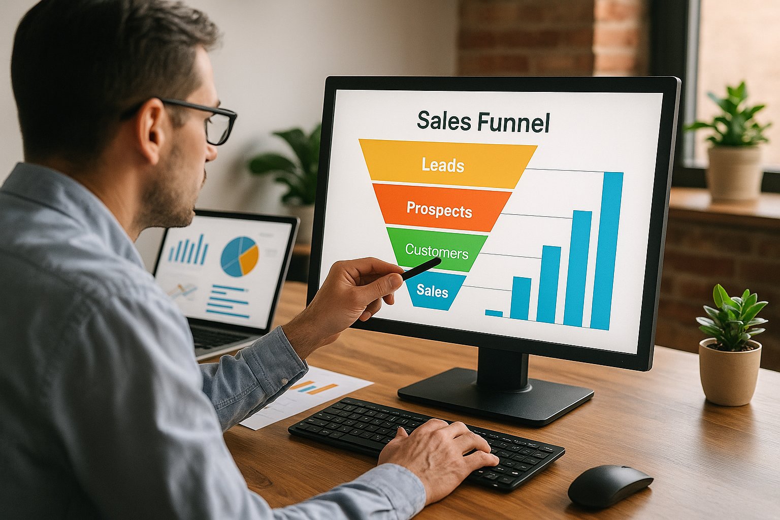 Profesional analizando el embudo de ventas de un negocio local en el ordenador