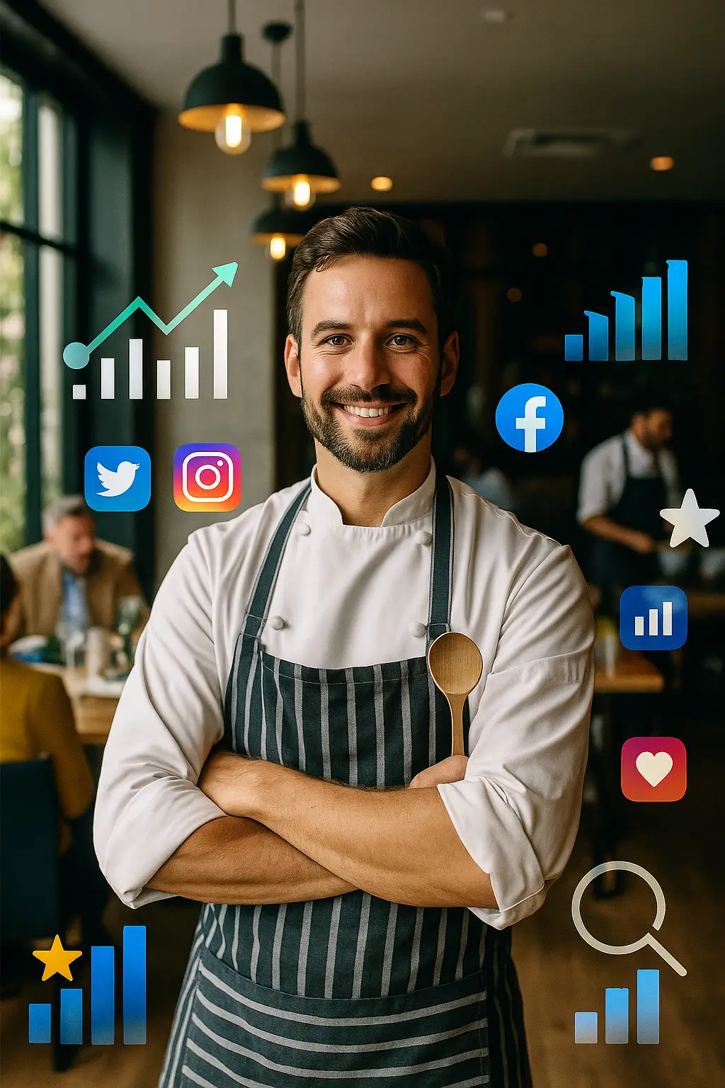 Chef de restaurante utilizando estrategias de marketing digital y redes sociales para aumentar la visibilidad y las reservas