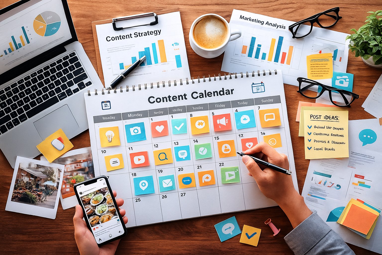 Gestora de redes sociales planificando contenido para un negocio local