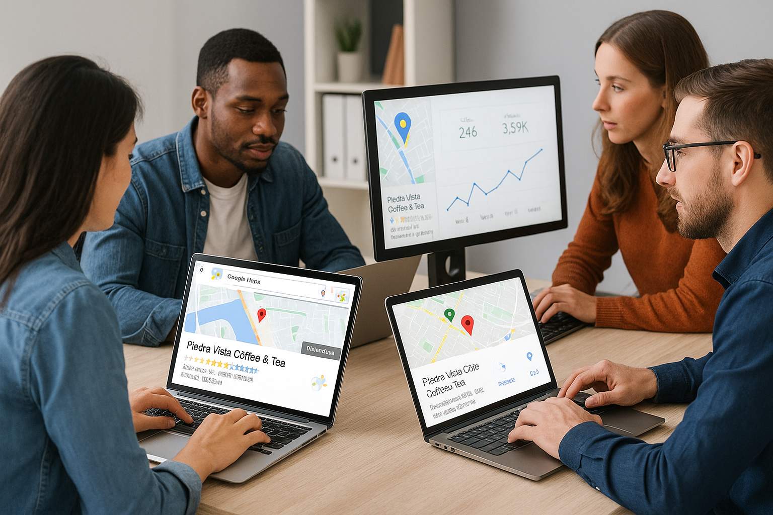 Equipo de marketing digital mejorando el posicionamiento SEO local de un negocio en Google Maps desde varios ordenadores