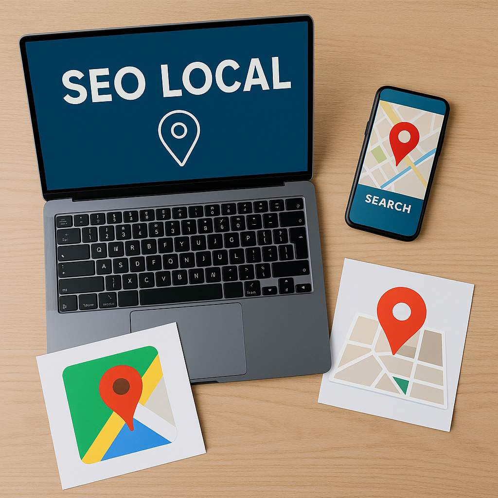 Concepto visual de SEO local con portátil, móvil y mapas con marcadores de ubicación