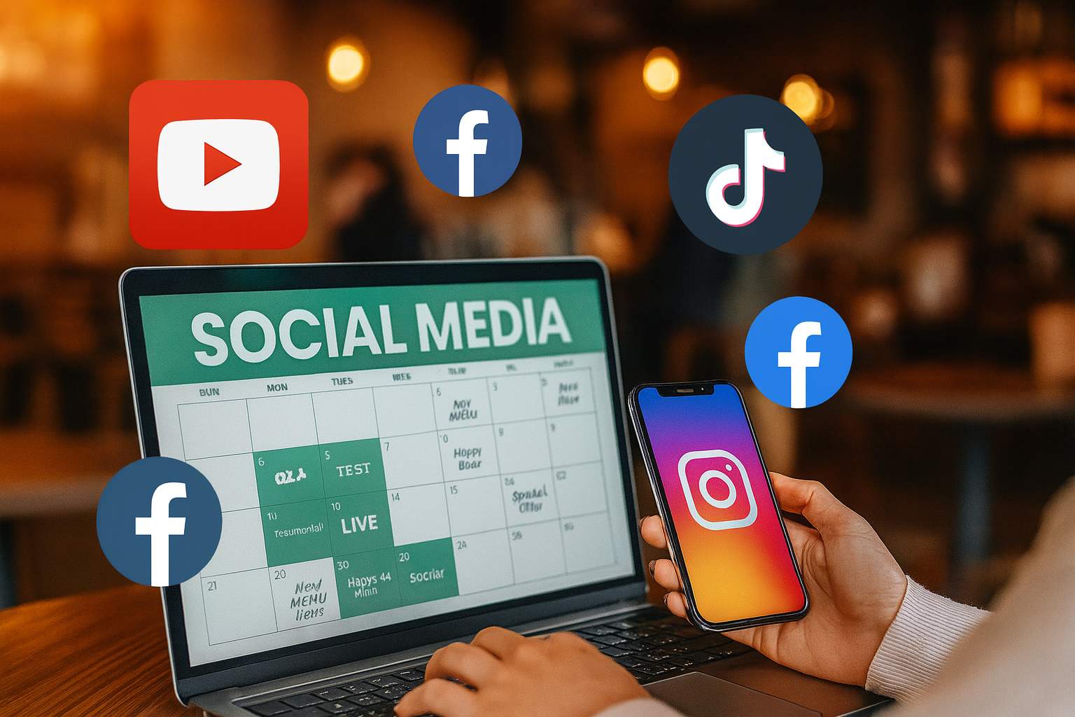 Personas gestionando redes sociales y analizando contenido digital para un negocio local.